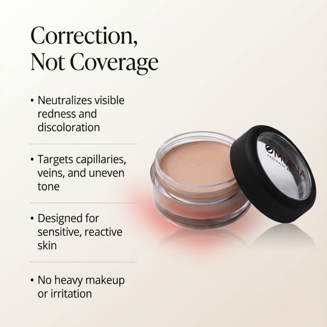 Omiana concealer cream for sensitive skin with text highlighting its benefits on a light background