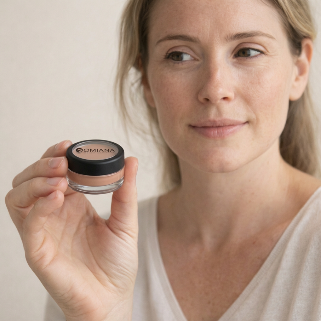 Woman holding a jar of Omiana concealer cream against a plain background