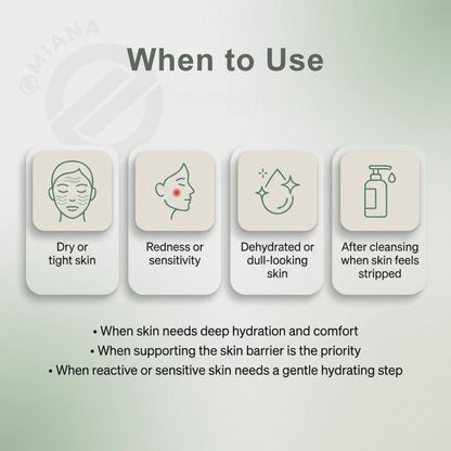 Instructions on when to use Hyaluronic skincare oil product with icons and text on a light background