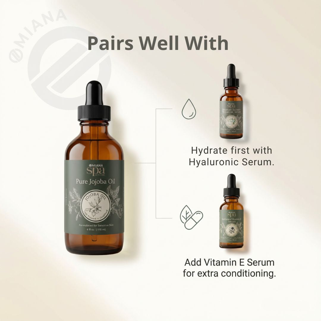 Bottle of Pure Jojoba Oil with text indicating it pairs well with Hyaluronic Serum and Vitamin E Serum on a beige background.
